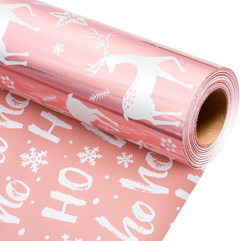 Retrify Christmas Wrapping Paper Roll - 17 Inches x 32.8 Feet - Metallic Pink Reindeer HO Lettering Mini Roll Gift Wrap Paper for Winter Holiday Festive Party Celebrations - Image 1